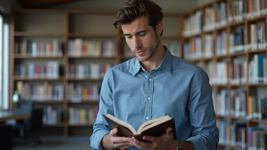 Jongeman leest Nederlands boek in bibliotheek met concentratie op gezicht