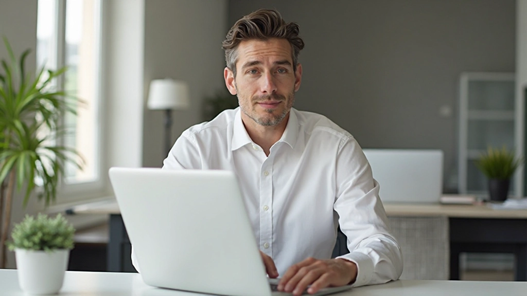 Man aan laptop werkt aan Nederlands schrijfles met instructievideo op scherm