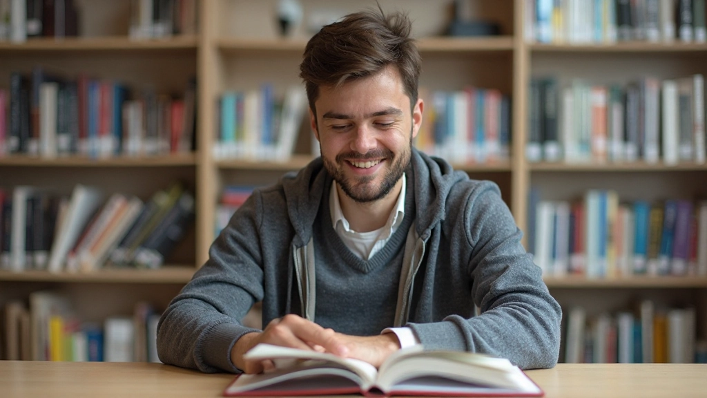 Student leest Nederlands boek in bibliotheek met concentratie