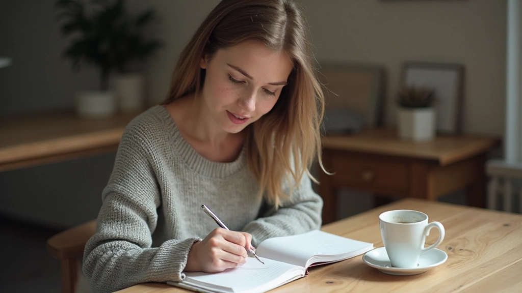 Vrouw die Nederlands schrijft in notitieboekje met pen aan tafel met kopje koffie