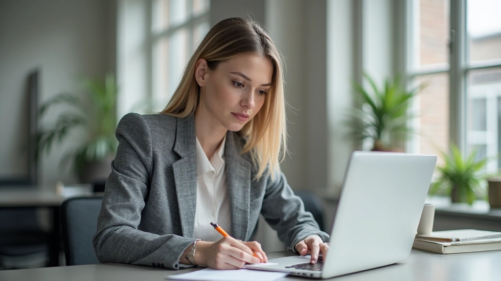 Vrouw aan bureau schrijft Nederlands essay met concentratie en stijlvolle pen